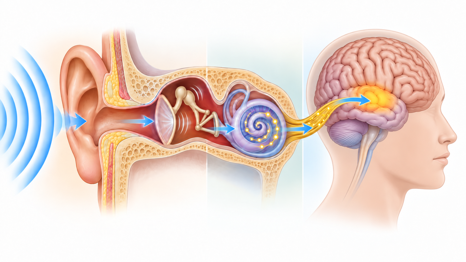 Hình minh họa cho thấy âm thanh truyền qua tai ngoài, tai giữa, ốc tai, dây thần kinh thính giác và đến não.